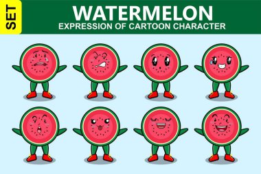 Kawaii karpuz çizgi film karakterini çizgi film yüz çizimlerinin farklı ifadelerine ayarla