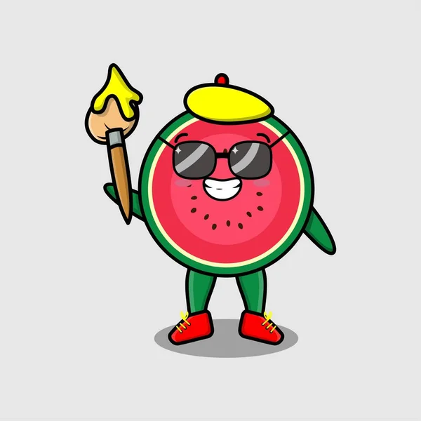 Cute Cartoon Character Watermelon Painter Hat Brush Draw Cute Design — Stock Vector