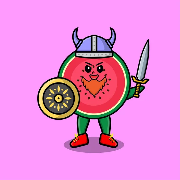 Leuke Stripfiguur Watermeloen Viking Piraat Met Hoed Met Zwaard Schild — Stockvector