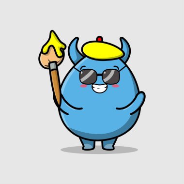 Sevimli çizgi film karakteri Cin canavar ressam şapkası ve güzel bir tasarım için fırçası olan