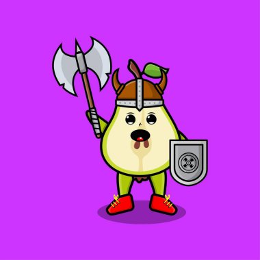 Tatlı çizgi film karakteri Armut meyveli Viking korsanı şapkalı ve elinde baltayla modern tasarım kalkanı var.