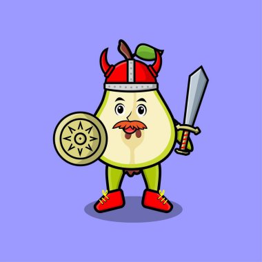 Tatlı çizgi film karakteri Armut meyveli viking korsanı şapkası ve kılıcı ve kalkanı var.