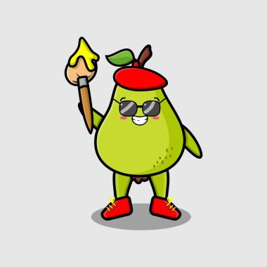 Sevimli çizgi film karakteri. Şapkalı armut meyve boyacısı ve şirin tasarım tarzında çizmek için fırça.