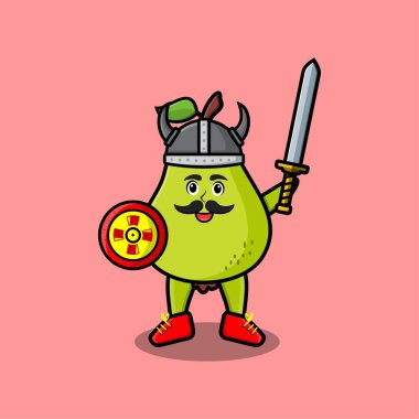 Tatlı çizgi film karakteri Armut meyveli viking korsanı şapkası ve kılıcı ve kalkanı var.