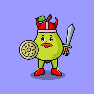 Tatlı çizgi film karakteri Armut meyveli viking korsanı şapkası ve kılıcı ve kalkanı var.