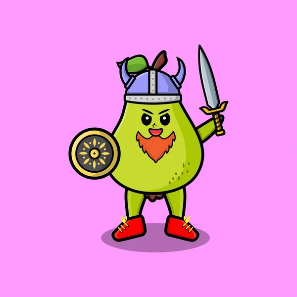 Lindo Personaje Dibujos Animados Pera Fruta Vikinga Pirata Con Sombrero — Vector de stock