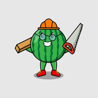 Marangoz karakteri olarak sevimli karpuz. Testere ve ahşap 3D modern stil tasarımı.