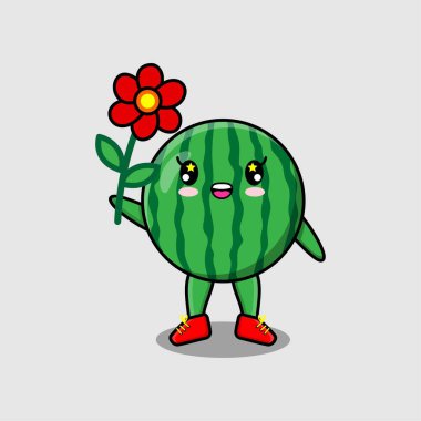 Kavram 3 boyutlu çizgi film tarzında kırmızı çiçek tutan sevimli karpuz karakteri.