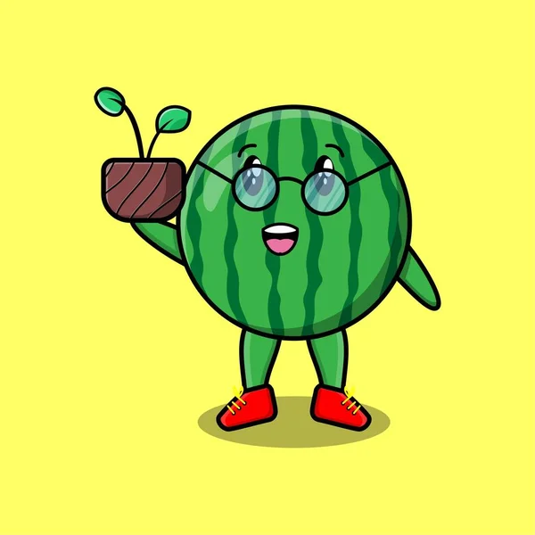 Cute Cartoon Watermelon Holding Plant Pot Modern Style Design — Stock Vector