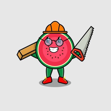 Marangoz karakteri olarak sevimli karpuz. Testere ve ahşap 3D modern stil tasarımı.