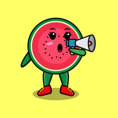 Sevimli karpuz karakteri megafonla 3 boyutlu karikatür tarzı konuşuyor.