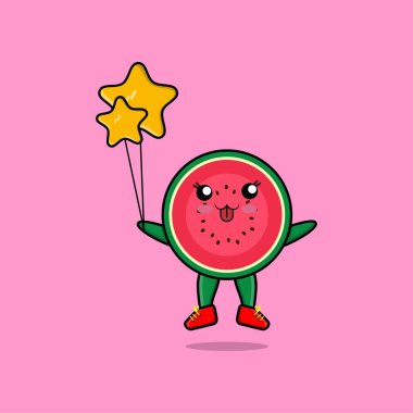 Yıldız balonu karikatür vektör çizimi konsept 3 boyutlu karikatür tarzında yüzen sevimli karpuz.