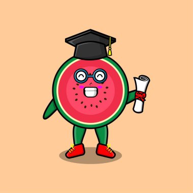 Mezuniyet gününde toga konsepti 3 boyutlu karikatür tarzında sevimli bir karpuz öğrenci karakteri.