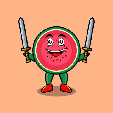 Karpuz karakteri, üç boyutlu modern tasarımda iki kılıç tutuyor.