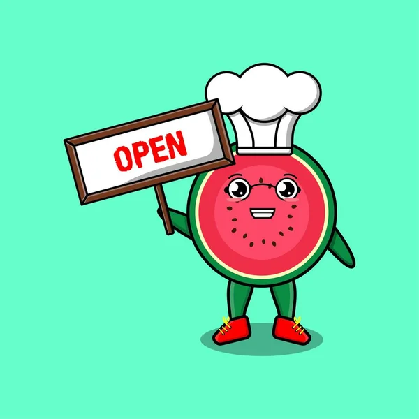 Cute Cartoon Watermelon Chef Character Holding Open Sign Designs Concept — Stock Vector