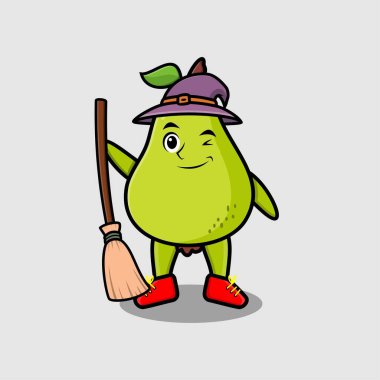 Tatlı çizgi film cadısı şapkası ve süpürgesi olan armut şekilli meyve karakteri.