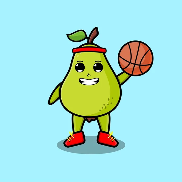 Basketbol Oynayan Tatlı Armut Meyveli Karakter — Stok Vektör