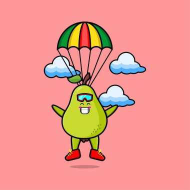 Şirin maskot çizgi filmi Armut meyvesi paraşüt ve mutlu bir jest ile paraşütle atlıyor.
