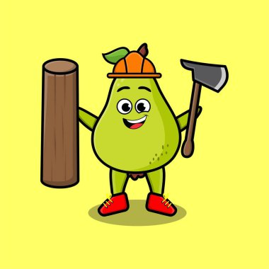 Marangoz karakteri olarak şirin armut meyvesi. Baltası ve ahşabı 3 boyutlu modern stil tasarımı.