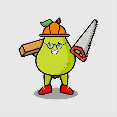 Marangoz karakteri olarak şirin armut meyvesi. Testere ve ahşap 3D modern stil tasarımı.