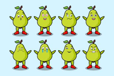 Kawaii armut çizgi film karakterini karikatür yüz vektör çizimlerinin farklı ifadeleriyle ayarla