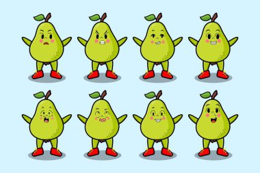 Kawaii armut çizgi film karakterini karikatür yüz vektör çizimlerinin farklı ifadeleriyle ayarla