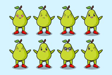 Kawaii armut çizgi film karakterini karikatür yüz vektör çizimlerinin farklı ifadeleriyle ayarla