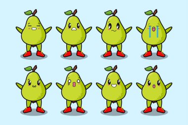 Kawaii armut çizgi film karakterini karikatür yüz vektör çizimlerinin farklı ifadeleriyle ayarla