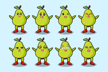 Kawaii armut çizgi film karakterini karikatür yüz vektör çizimlerinin farklı ifadeleriyle ayarla