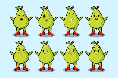 Kawaii armut çizgi film karakterini karikatür yüz vektör çizimlerinin farklı ifadeleriyle ayarla