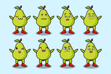 Kawaii armut çizgi film karakterini karikatür yüz vektör çizimlerinin farklı ifadeleriyle ayarla