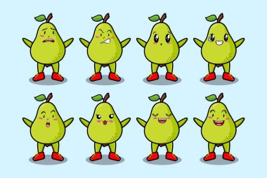 Kawaii armut çizgi film karakterini karikatür yüz vektör çizimlerinin farklı ifadeleriyle ayarla