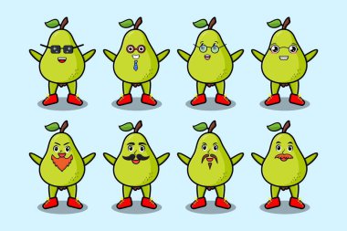 Kawaii armut çizgi film karakterini karikatür yüz vektör çizimlerinin farklı ifadeleriyle ayarla