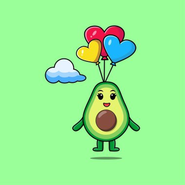 Sevimli Avokado maskotu balonla paraşütle atlıyor ve mutlu bir jest modern tarz tasarlıyor. 