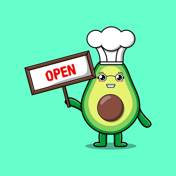 Cute Cartoon Avocado Character Holding Open Sign Designs Concept Cartoon — Stock Vector
