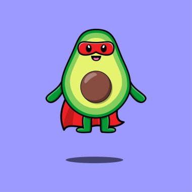 Sevimli avokado süper kahraman. Çizgi film vektörünün derisini 3D modern tarzda yüzüyor.