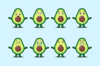 Çizgi film yüz vektör çizimlerinin farklı ifadelerine sahip kawaii avokado çizgi film karakterini ayarla