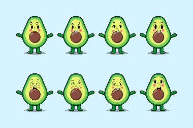 Çizgi film yüz vektör çizimlerinin farklı ifadelerine sahip kawaii avokado çizgi film karakterini ayarla