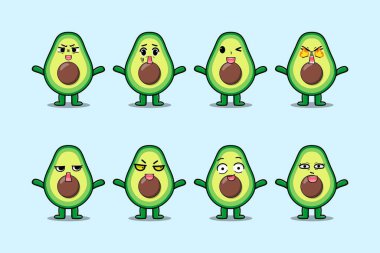 Çizgi film yüz vektör çizimlerinin farklı ifadelerine sahip kawaii avokado çizgi film karakterini ayarla