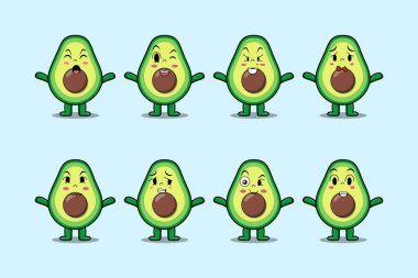 Çizgi film yüz vektör çizimlerinin farklı ifadelerine sahip kawaii avokado çizgi film karakterini ayarla