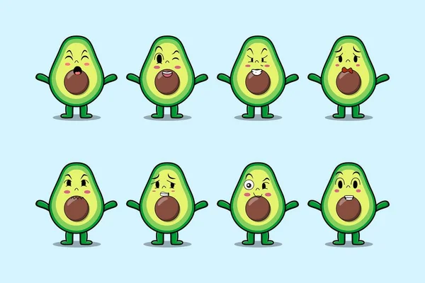 Set Kawaii Avocado Cartoon Character Different Expressions Cartoon Face Vector — Stock Vector