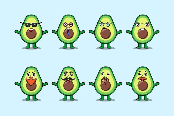Set Kawaii Avocado Cartoon Character Different Expressions Cartoon Face Vector — Stock Vector