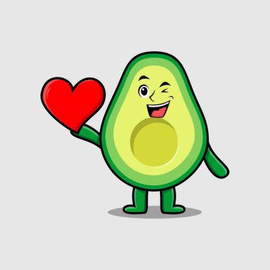Modern stil tasarımında büyük kırmızı kalp taşıyan sevimli bir avokado karakteri. 