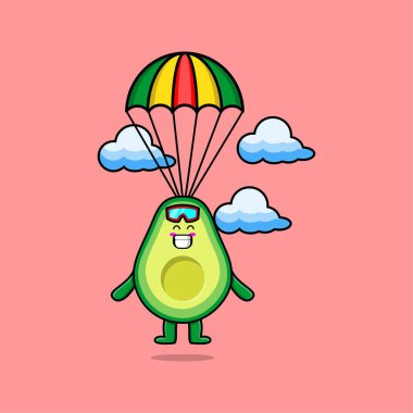 Şirin maskot Avocado paraşüt ve mutlu jest ile paraşütle atlıyor. Modern tarz tasarım.