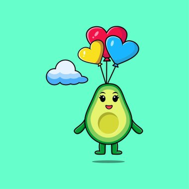 Sevimli Avokado maskotu balonla paraşütle atlıyor ve mutlu bir jest modern tarz tasarlıyor.