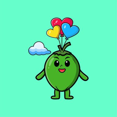 Tatlı çizgi film Hindistan cevizi maskotu balonla paraşütle atlıyor ve mutlu bir jest modern tarz tasarım yapıyor.