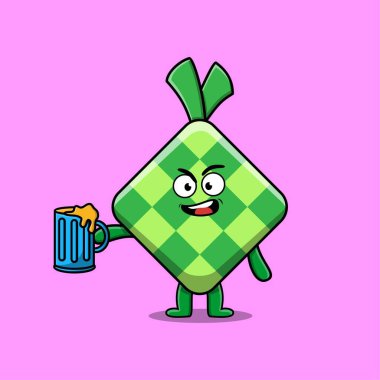 Ketupat çizgi film maskotu karakteri, bira bardağı ve şık bir tasarımı var.