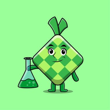 Şirin maskot karakteri ketupat. Bilim adamı rolünde. Kimyasal reaksiyon camlı.