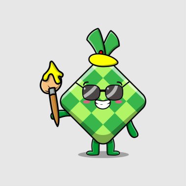 Sevimli çizgi film karakteri, şapkalı Ketupat ressamı ve şirin tasarım tarzında çizmek için fırça.