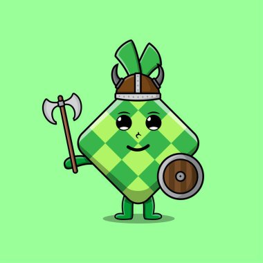 Sevimli çizgi film karakteri Ketupat Viking korsanı şapkalı ve elinde baltayla modern tasarım kalkanı var.